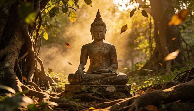 Sunlit buddha statue sitting in forest clearing with mist and moss, tranquil meditation