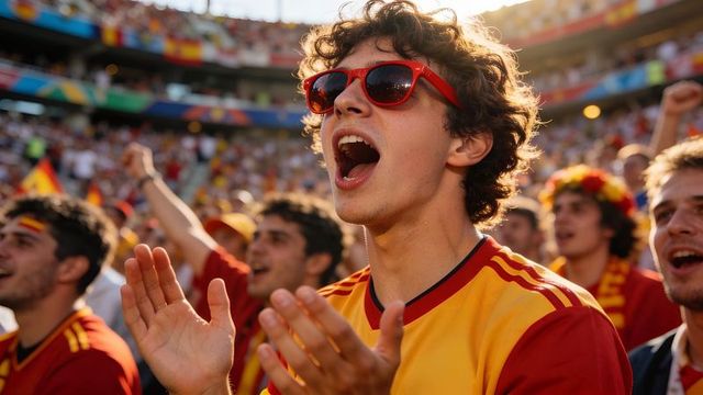 Young fan cheering and clapping in red sunglasses wearing spain jersey in sunlit stadium
