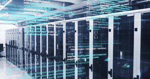 overlay of computer code in data center with server racks - Download Free Stock Images Pikwizard.com