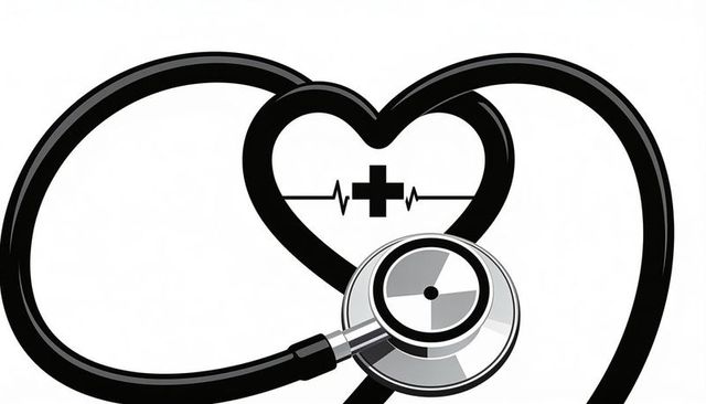Stethoscope tubing forming heart with ecg line and medical cross symbol