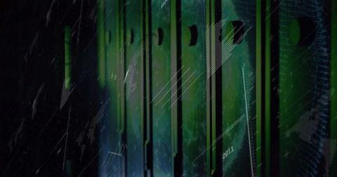 Glowing green server racks in futuristic data center aisle with ventilated cabinets