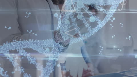 Doctor Analyzing Digital DNA Strand in Laboratory