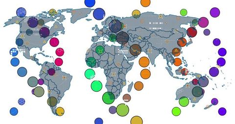 Global map with colorful icons for data visualization