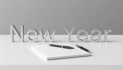 Celebrating new year with metallic letters on minimal desk with notebook and pens