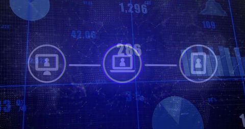 Central laptop node connecting monitor and smartphone on neon data analytics dashboard