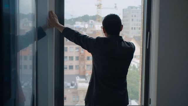 Businessman gazing out highrise window at urban skyline with construction crane reflection