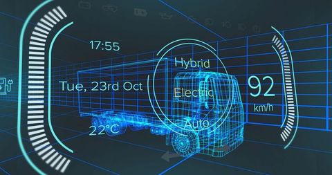 Futuristic 3d wireframe semi-truck with holographic interface