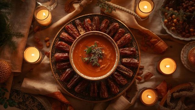 Candlelit date platter with spiced orange dip, rustic tabletop, cozy ambient lighting