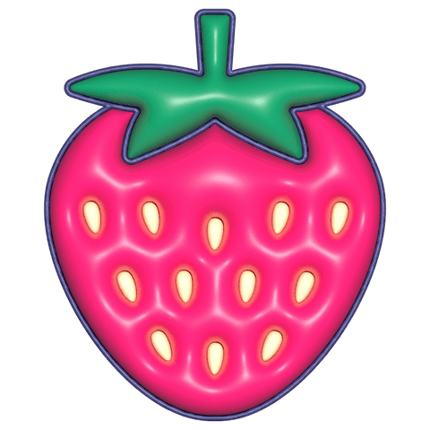Transparent pink strawberry enamel pin illustration, glossy magenta berry with green calyx