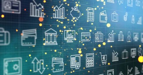 Glowing fintech icon grid panning across digital dashboard highlighting analytics data flow