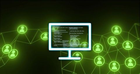Neon network monitor displaying code with glowing user avatars and connected data mesh