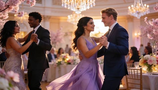 Couple twirling at wedding reception in lavender gown and navy suit under chandeliers