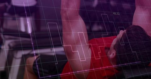 Male bench pressing barbell with fitness data overlay for strength training metrics