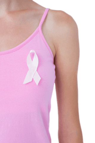 Transparent pink ribbon on woman's tank top for cancer awareness