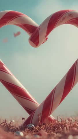 Forming candy cane heart in grass with drifting confetti, romantic festive vertical video