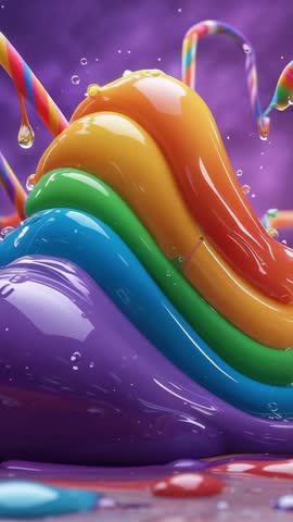 Vertical video pulsing rainbow liquid wave with glossy droplets and candy cane curves