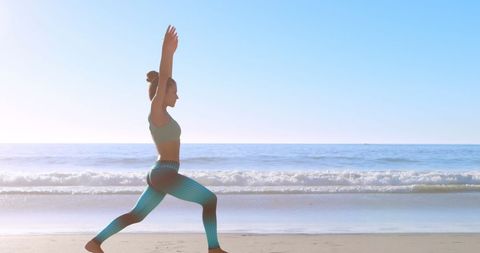 Woman Enjoying Beach Yoga Session during Sunrise - Download Free Stock Images Pikwizard.com