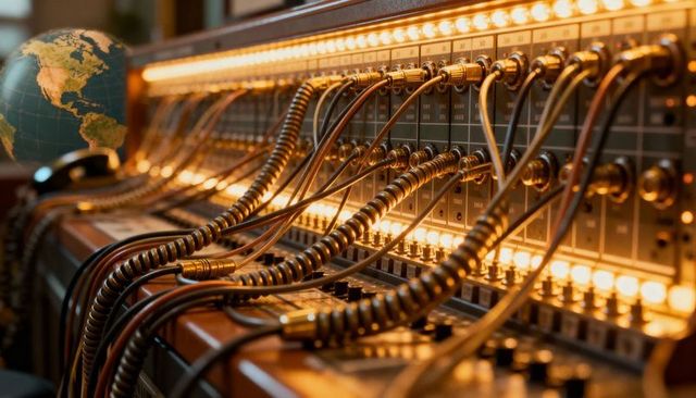 Glowing vintage telephone switchboard featuring brass plugs and coiled cords
