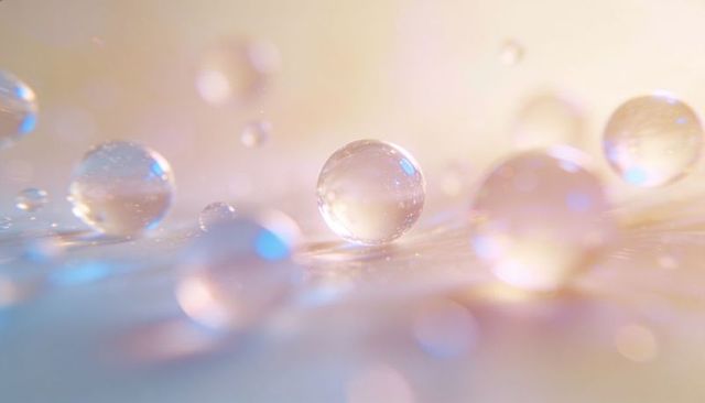 Translucent water droplets refracting iridescent pastel light on petal macro soft bokeh