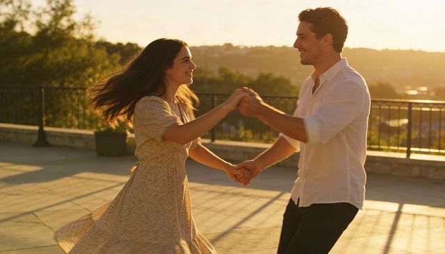 Couple dancing at sunset on terrace holding hands, romantic outdoor spin during golden hour