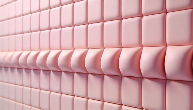Soft pink quilted wall panels with bulging convex tiles, seam grid texture, acoustic plush