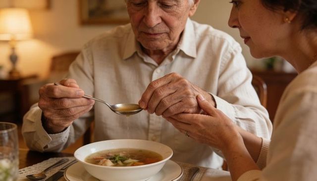 Elderly man receiving spoonful of soup while companion comforting hand during mealtime