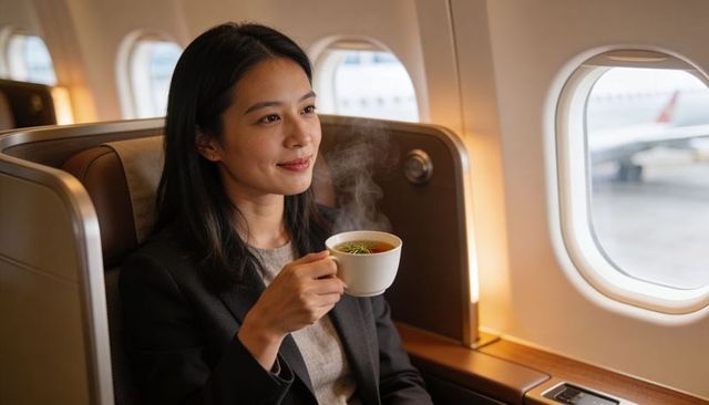Business class woman sipping steaming herbal tea gazing out airplane window in luxury cabin