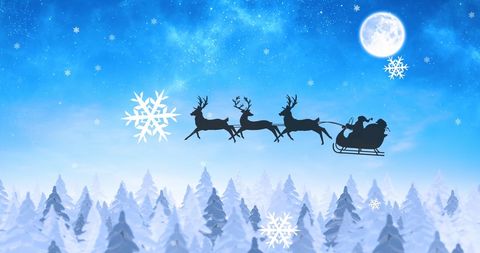 Santa's Sleigh Silhouette with Reindeer Over Winter Forest