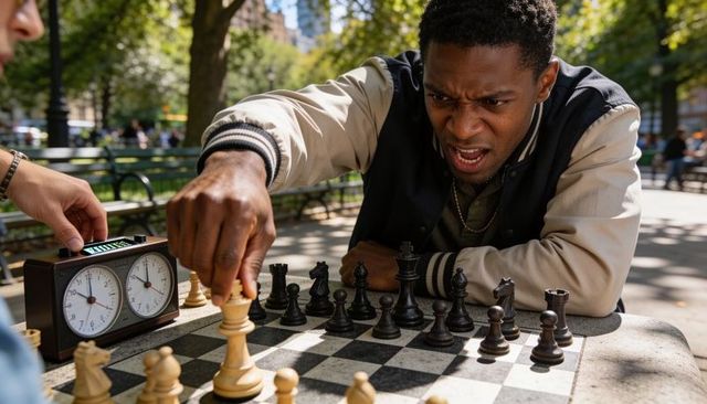 Intense park chess match with varsity jacket player moving piece against analog clock