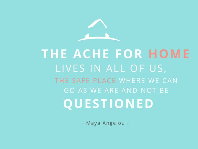 Inspirational design featuring a Maya Angelou quote on a tranquil turquoise background. Perfect for home decor, mental health awareness posters, or social media graphics promoting the idea of home as a safe and welcoming place.