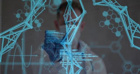 Scientist interacting with holographic molecular structure