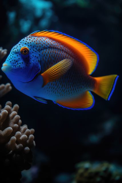 Bright orange and blue fish swims among coral in an aquarium, highlighting its vivid colors and patterns. Ideal for use in marine life articles, aquarium enthusiasts content, underwater photography promotions, and educational materials about oceanic species.