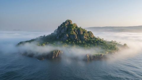 Serene misty island rising from tranquil sea with lush evergreen trees