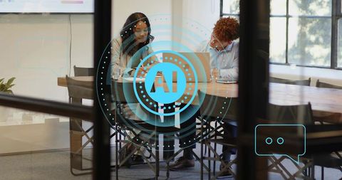 Collaborating professionals leaning over laptop with ai interface in modern boardroom