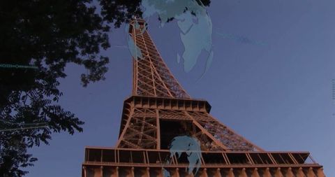 Eiffel Tower in Twilight with Futuristic Digital Overlay