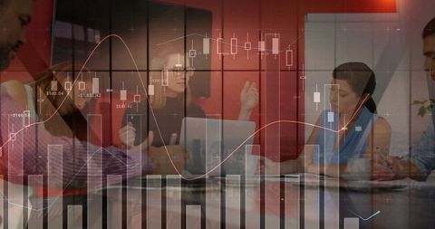 Woman leading team meeting with financial charts overlay, collaborating on business analytics