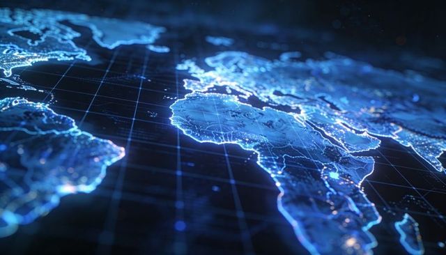 Holographic Global Network Map Showing Neon Data Flows, Node Links, and Geospatial Grid