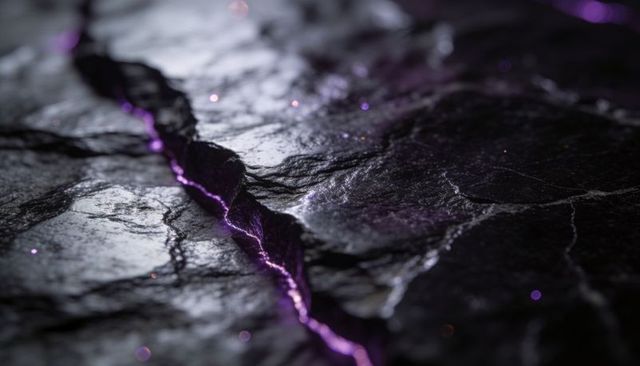 Macro close-up glowing purple fissure through dark stone with sparkling bokeh highlights