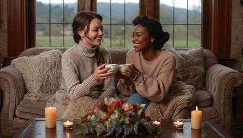 White and black friends sharing tea on cozy rustic living room sofa, smiling by candlelight