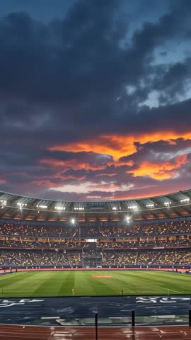 Dusk Stadium Lights Shining Over Empty Soccer Field and Running Track During Dramatic Sunset Sky