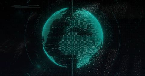 Teal Holographic Globe Rotating with Data Points and Futuristic HUD Visualization