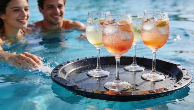Floating tray carrying citrus cocktails in sunny pool with smiling duo reaching for drinks