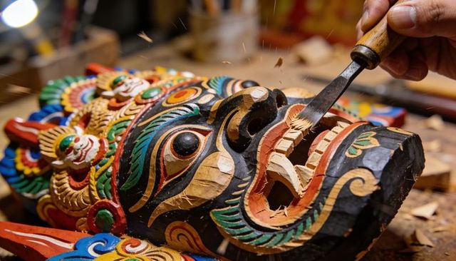 Artisan carving colorful hand-painted wooden mask with chisel and flying shavings