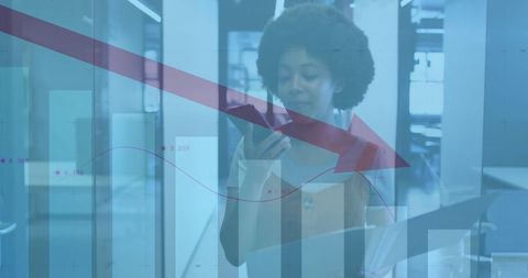 Businesswoman stress amidst economic decline and financial graphs