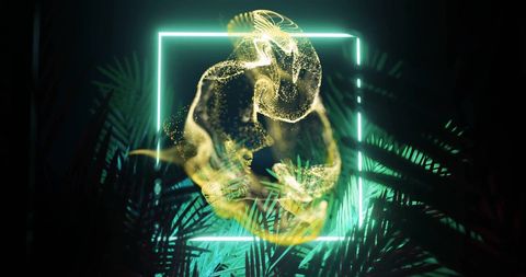 Neon frame with abstract light swirls in tropical foliage