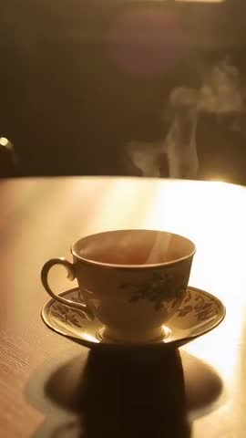 Steaming porcelain teacup glowing in golden backlight on wooden table vertical video