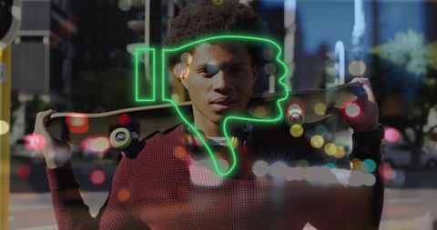 Skateboarder carrying deck over shoulders with neon thumbs-down overlay on city street