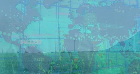 Digital eco analysis with wind turbines and world map overlay