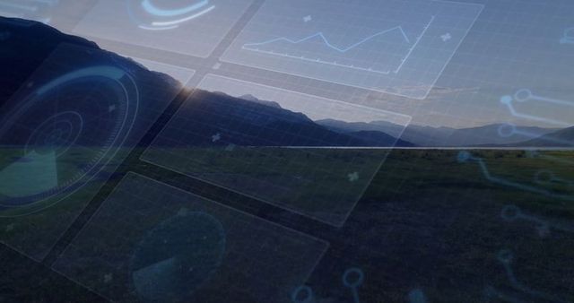 Futuristic technology interface in scenic mountain landscape
