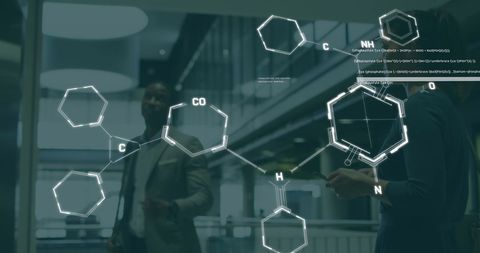 Business Professionals Analyzing Chemical Formulas in Modern Office